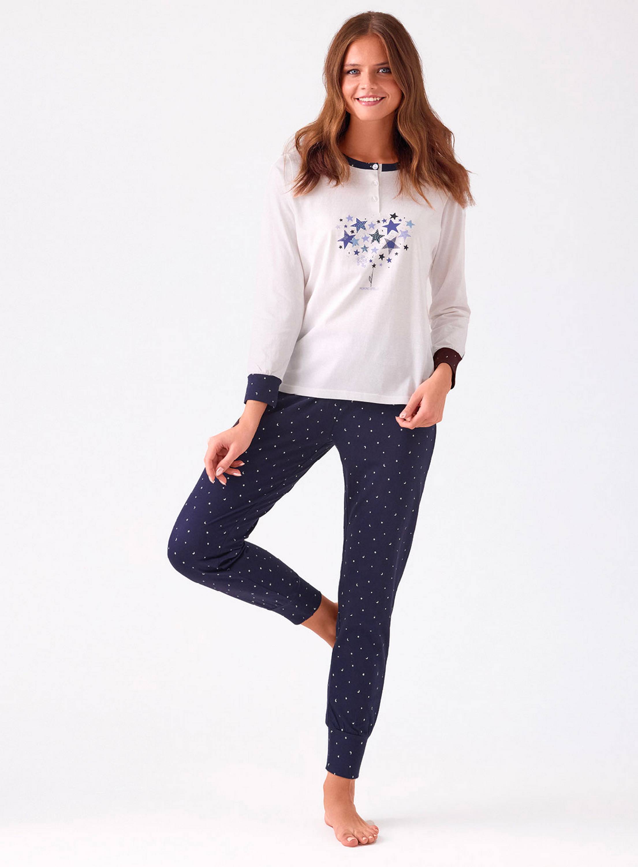 PIGIAMA DONNA COTONE Manica lunga Serafino GLX654137 infiore PANNA/BLU