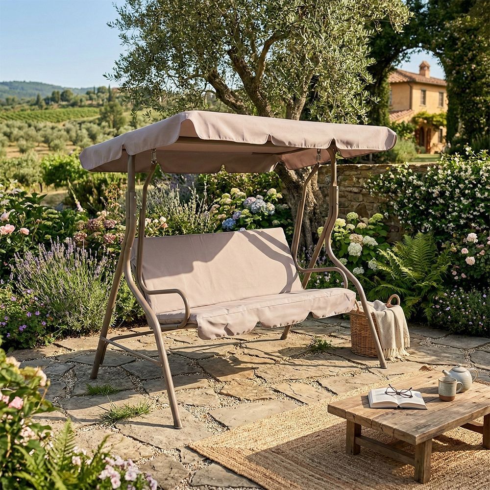 Dondolo da giardino 3 posti, tetto parasole, tortora, Esté 2188910