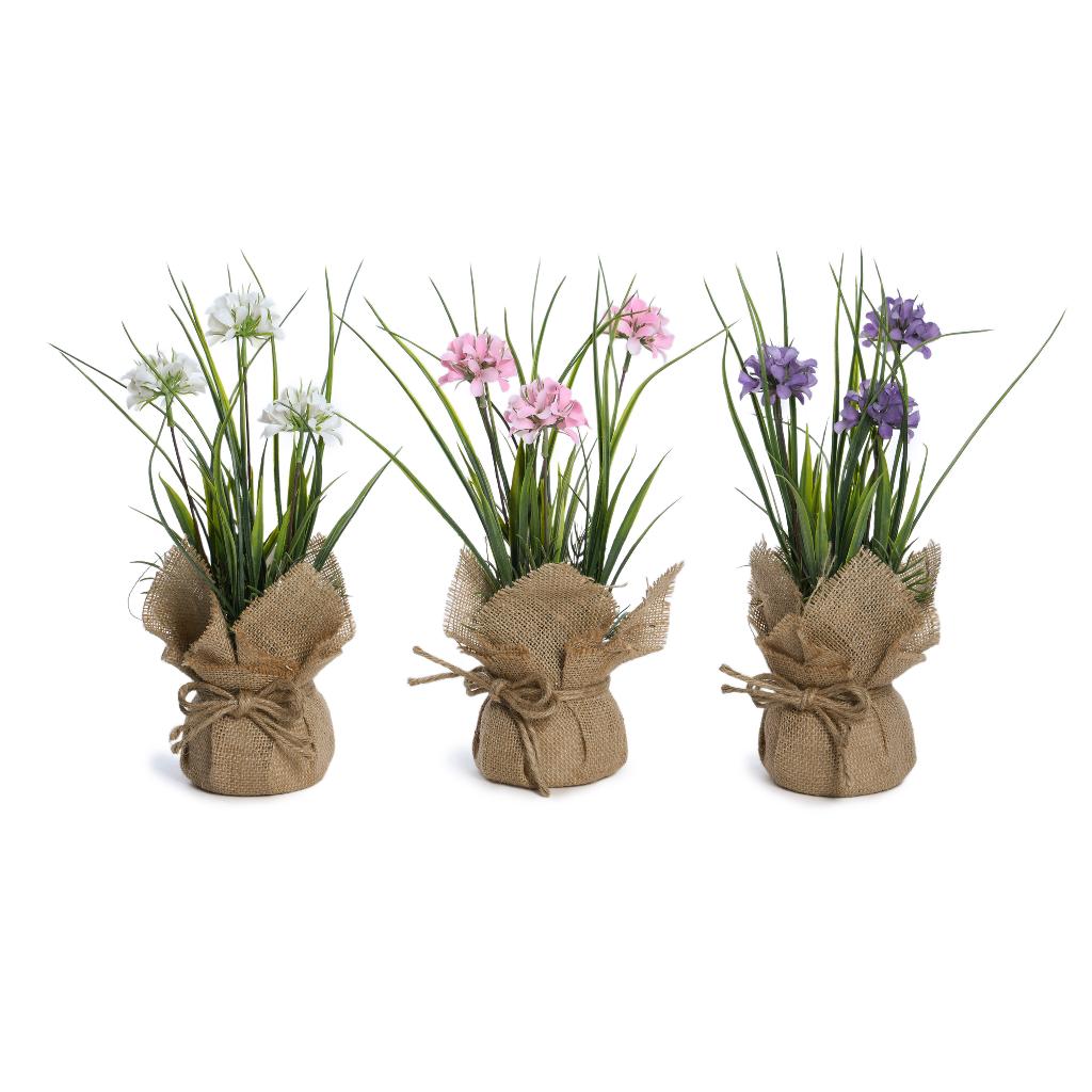 PIANTA IN PLASTICA CON VASO DECORATO IN JUTA D.13XH.32 cm COLORI ASSORTITI 08886