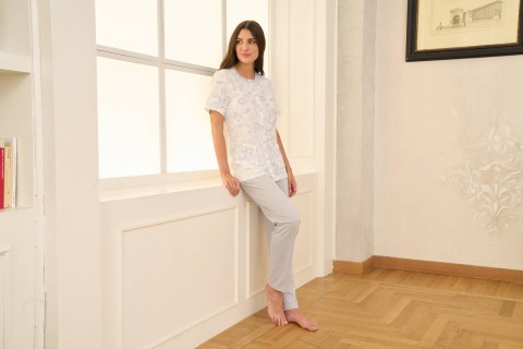 PIGIAMA DONNA MANICA CORTA APERTO LS175484 BIANCO/ARGENTO