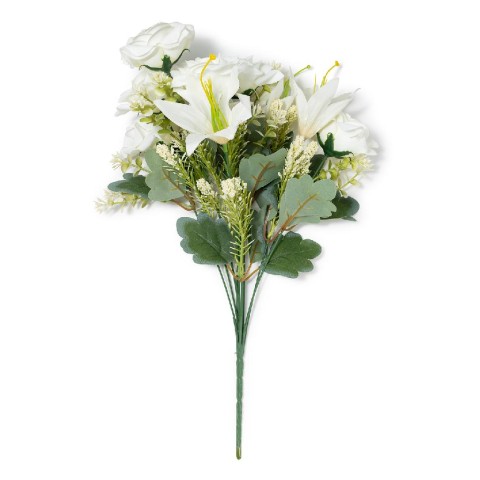 ROSE E LILIUM IN POLIESTERE, PLASTICA E METALLO 9 FIORI H.46 cm BIANCO