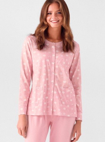 PIGIAMA DONNA COTONE APERTO Manica lunga SWT654006 infiore ROSA ANTICO