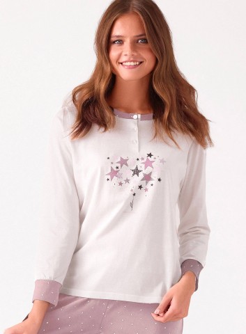 PIGIAMA DONNA COTONE Manica lunga Serafino GLX654137 infiore ROSA ANTICO