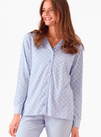 PIGIAMA DONNA COTONE Manica lunga APERTO MSC654031 infiore AZZURRO