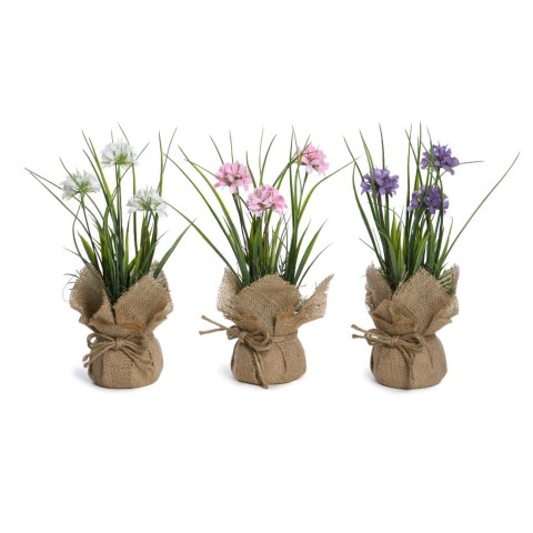 PIANTA IN PLASTICA CON VASO DECORATO IN JUTA D.13XH.32 cm COLORI ASSORTITI 08886