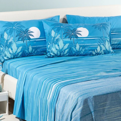 Completo Lenzuola In Cotone Palm Spring Matrimoniale Caleffi BLU