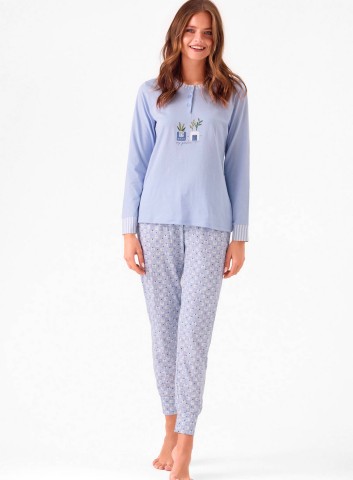 PIGIAMA DONNA COTONE Manica lunga serafino MSC654289 infiore AZZURRO