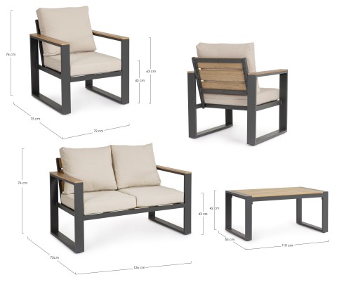 SET 4 SALOTTO CON CUSCINO LEANDRO ANTRACITE -BEIGE 0663881 BIZZOTTO