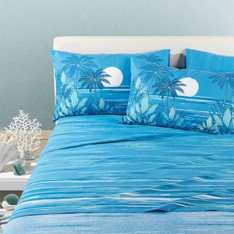 Completo Lenzuola In Cotone Palm Spring Matrimoniale Caleffi BLU