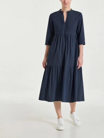 Abito con balze e pieghe frontali in Poplin di Cotone DS52DW BLUE