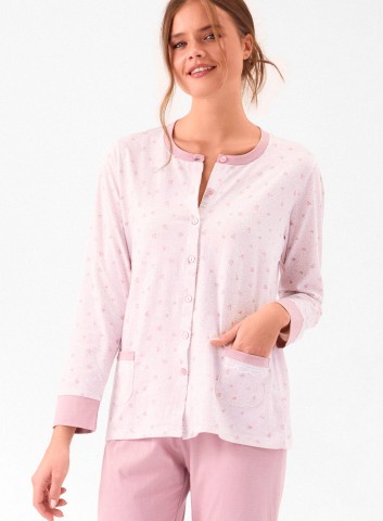 PIGIAMA DONNA COTONE APERTO Manica lunga WLD654235 infiore YOGURT/ROSA
