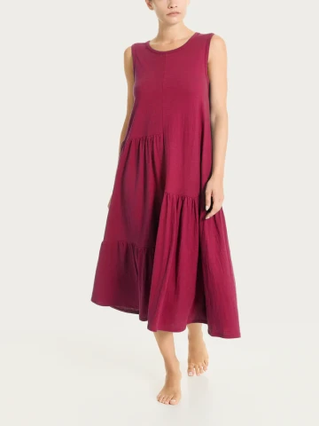 Vestito lungo con balze asimmetriche in Slub Jersey di Cotone DS31DC BEET RED