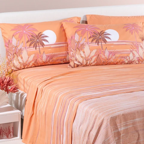 Completo Lenzuola In Cotone Palm Spring Matrimoniale Caleffi CARAMELLO