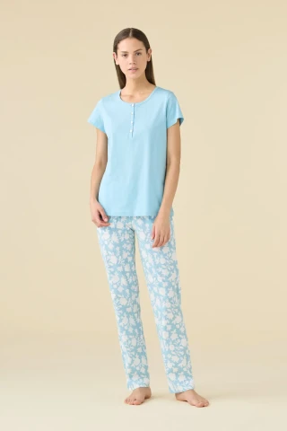 PIGIAMA DONNA COTONE MANICA CORTA FA009517 CELESTE POLVERE