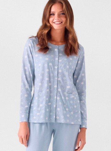 PIGIAMA DONNA COTONE APERTO Manica lunga SWT654006 infiore AZZURRO