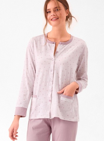 PIGIAMA DONNA COTONE APERTO Manica lunga WLD654235 infiore PANNACOTTA/TORTORA