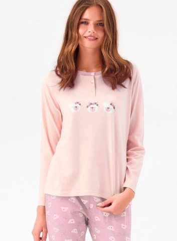 PIGIAMA DONNA COTONE Manica lunga serafino HNY654032 infiore ROSA/TORTORA