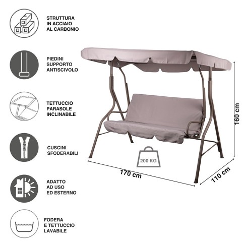 Dondolo da giardino 3 posti, tetto parasole, tortora, Esté 2188910