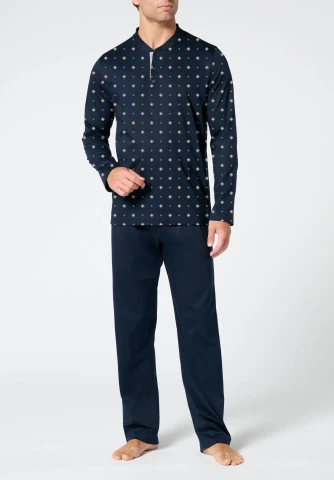 Pigiama Lungo collo Serafino in Cotone mercerizzato Stampa VPRT93388 BLU