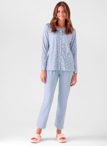 PIGIAMA DONNA COTONE APERTO Manica lunga SWT654006 infiore AZZURRO
