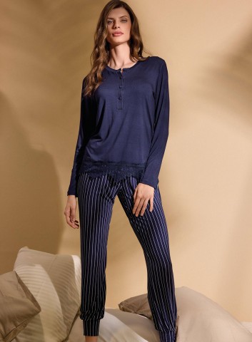 PIGIAMA DONNA COTONE Manica lunga SERAFino EVE654064 lormar BLU NAVY