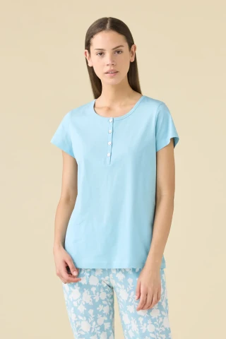 PIGIAMA DONNA COTONE MANICA CORTA FA009517 CELESTE POLVERE