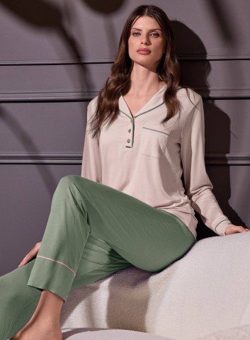 PIGIAMA DONNA COTONE MANICA LUNGA SERAFINO TOD654099 LORMAR CHAMPAGNE/OLIVA
