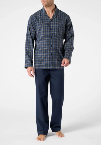 Pigiama Lungo Aperto con Collo in Popeline di Cotone Camiceria VPRT93383 BLU
