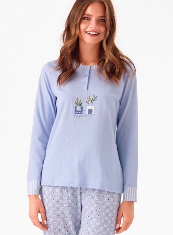 PIGIAMA DONNA COTONE Manica lunga serafino MSC654289 infiore AZZURRO