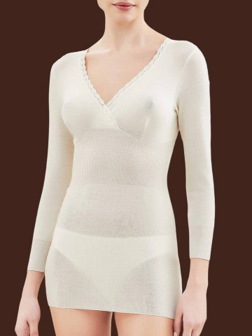 MAGLIA 100MERINO MANICA LUNGA FORMA SENO RAGNO 0041L9 BIANCO LANA