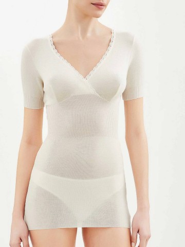 MAGLIA 100MERINO MEZZA MANICA FORMA SENO RAGNO 0041L8 BIANCO LANA