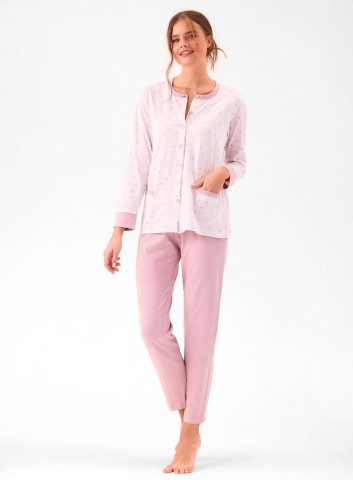 PIGIAMA DONNA COTONE APERTO Manica lunga WLD654235 infiore YOGURT/ROSA