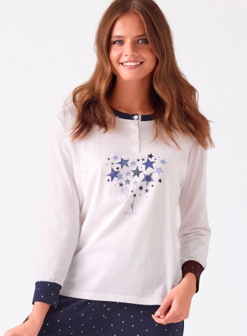 PIGIAMA DONNA COTONE Manica lunga Serafino GLX654137 infiore PANNA/BLU