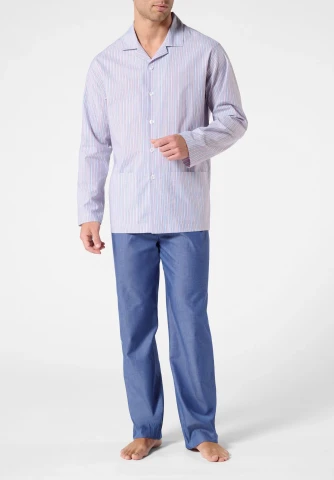 Pigiama Lungo Aperto con Collo in Popeline di Cotone stile Camiceria VPRT93381 MILLERIGHE/DENIM