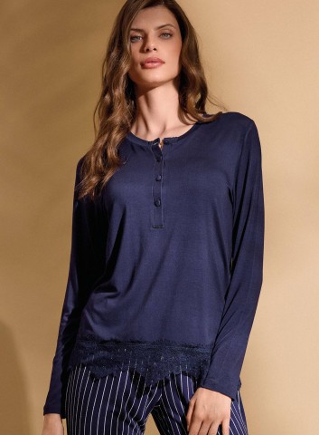 PIGIAMA DONNA COTONE Manica lunga SERAFino EVE654064 lormar BLU NAVY