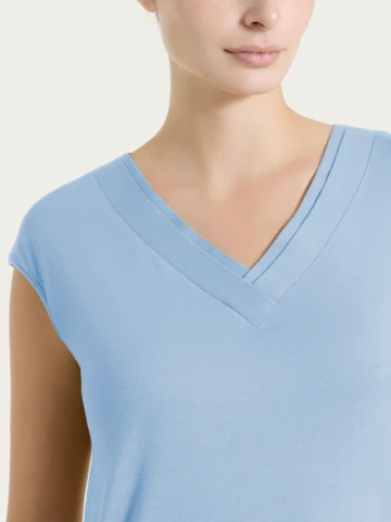 Maglietta con scollo a V incrociato in Viscosa Summer DS48TX DUSTY BLUE