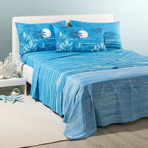 Completo Lenzuola In Cotone Palm Spring Matrimoniale Caleffi BLU