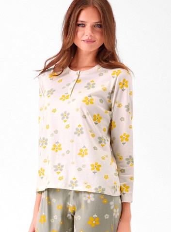 PIGIAMA DONNA COTONE Manica lunga serafino SNS653981 infiore PANNA/VERDE