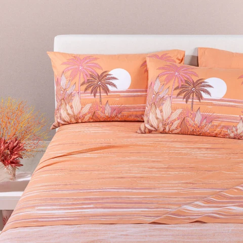 Completo Lenzuola In Cotone Palm Spring Matrimoniale Caleffi CARAMELLO