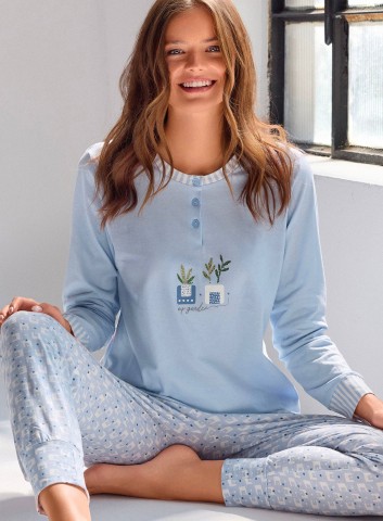 PIGIAMA DONNA COTONE Manica lunga serafino MSC654289 infiore AZZURRO