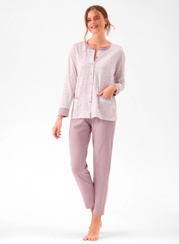 PIGIAMA DONNA COTONE APERTO Manica lunga WLD654235 infiore PANNACOTTA/TORTORA