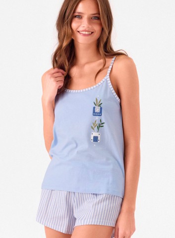 PIGIAMA DONNA COTONE SENZA MANICA MSC654028 INFIORE AZZURRO