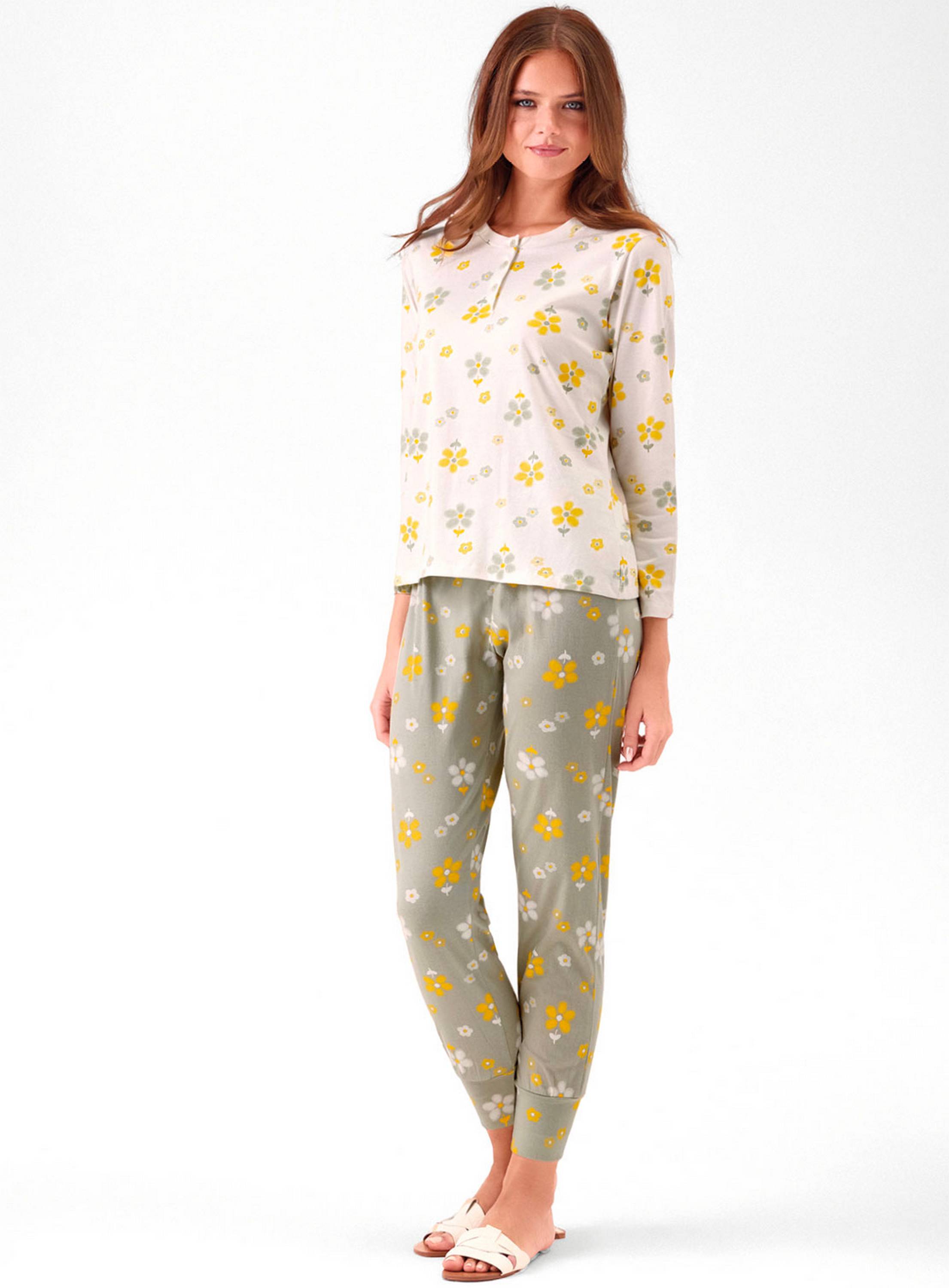 PIGIAMA DONNA COTONE Manica lunga serafino SNS653981 infiore PANNA/VERDE