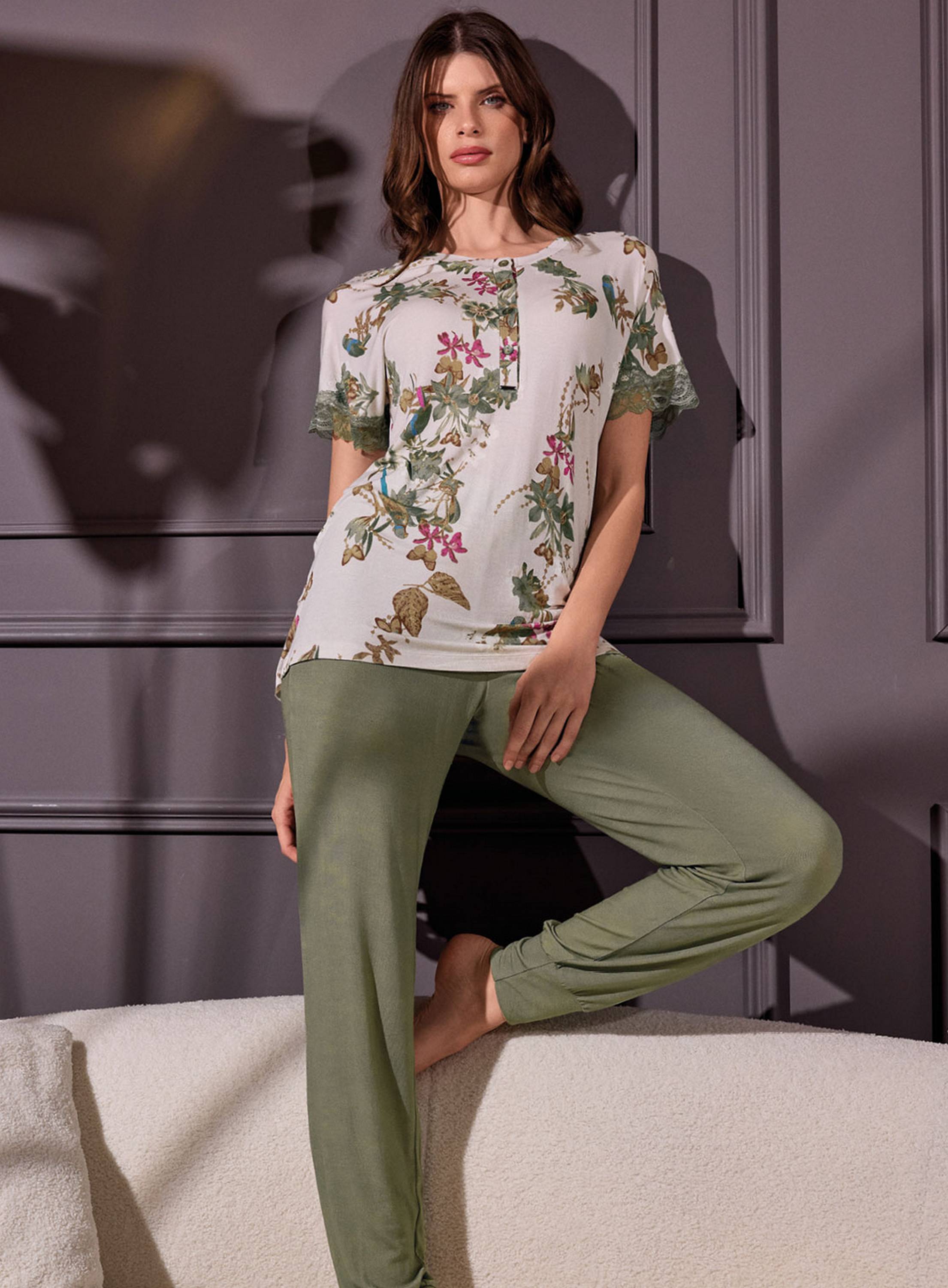 PIGIAMA DONNA COTONE MEZZA MANICA SERAFINO TAH654097 LORMAR BEIGE/OLIVA