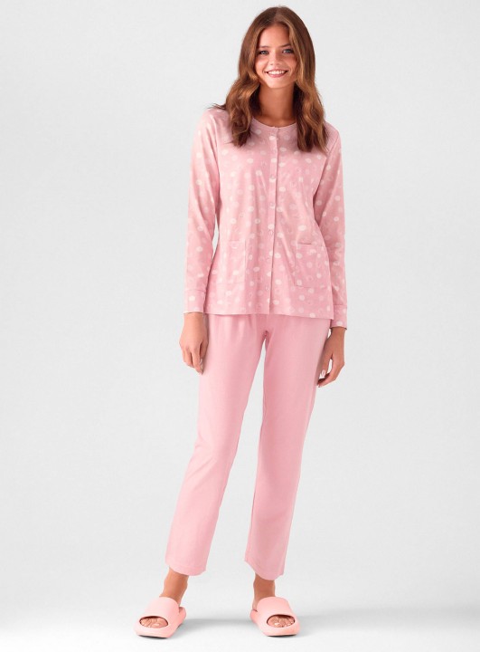 PIGIAMA DONNA COTONE APERTO Manica lunga SWT654006 infiore ROSA ANTICO