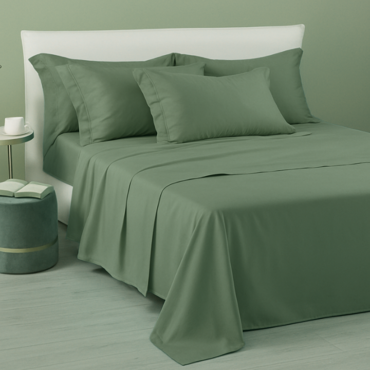 BRIGHT COMPLETO LENZUOLA MATRIMONIALE IN RASO MADE IN ITALY SALVIA