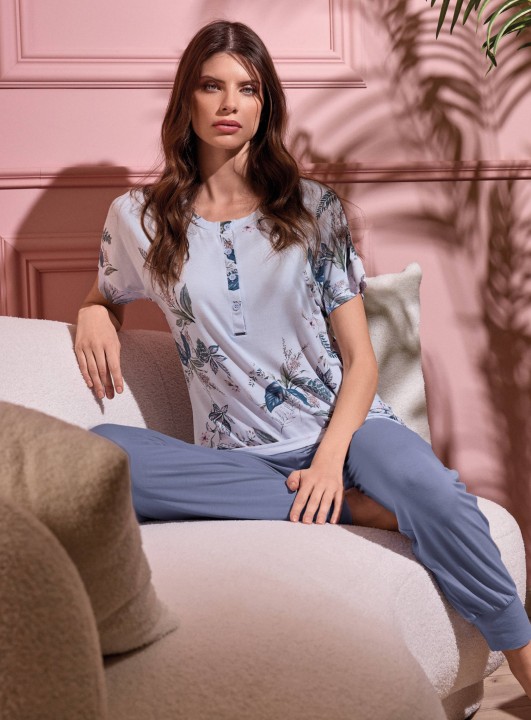 PIGIAMA DONNA COTONE Mezza manica serafino SUM654092 lormar AZZURRO/POLVERE