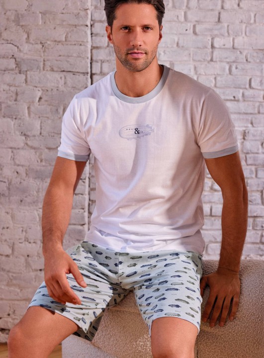 PIGIAMA UOMO COTONE MEZZA MANICA GIROCOLLO ARS754267 INFIORE BIANCO/AZZURRO