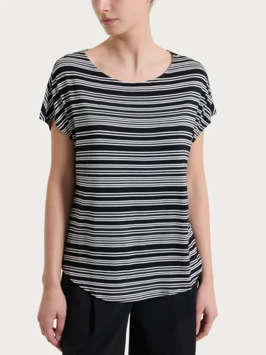 Maglietta girocollo a righe alternate in Viscosa Summer DT13TJ RAGNO FANTASIA NERO