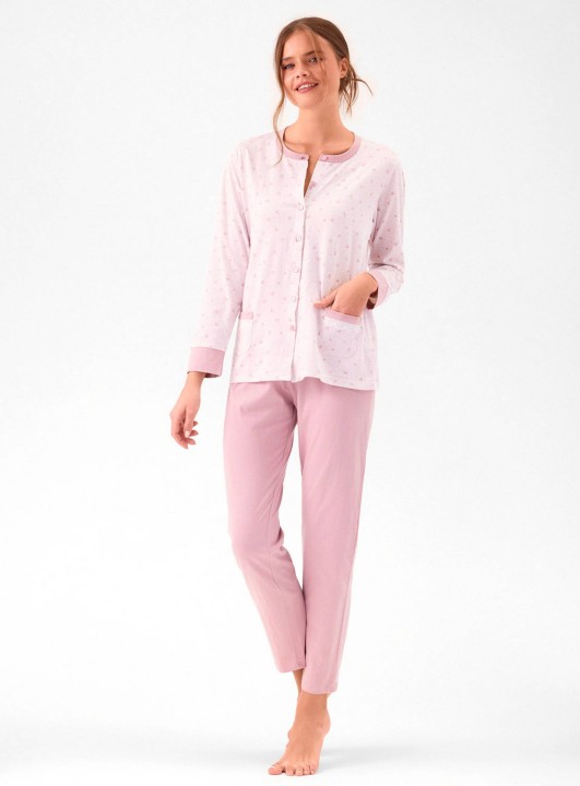PIGIAMA DONNA COTONE APERTO Manica lunga WLD654235 infiore YOGURT/ROSA